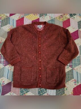 Vintage Blanc Rose Cardigan Mohair Sweater Rust/Terracotta Floral Embroidered